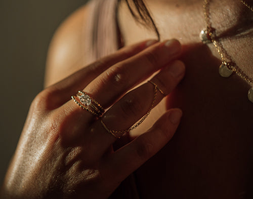 a close up photo of a posed woman's hand wearing gold jewelry  