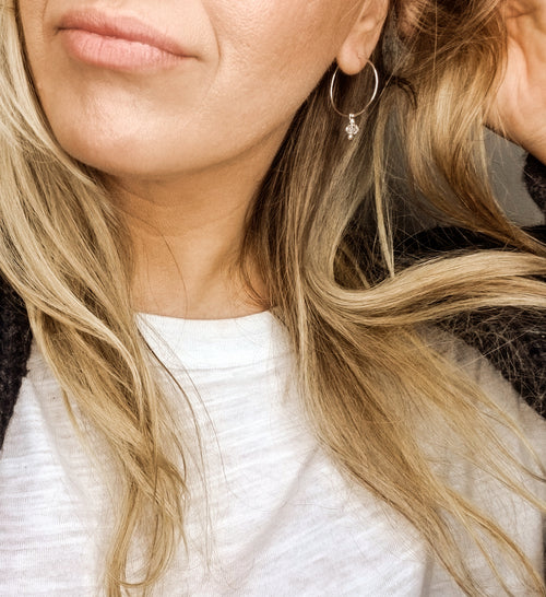 a cropped selfie of a blonde woman in a white tee shirt and black sweater showing off her small hoop earrings with herkimer diamonds dangling off 