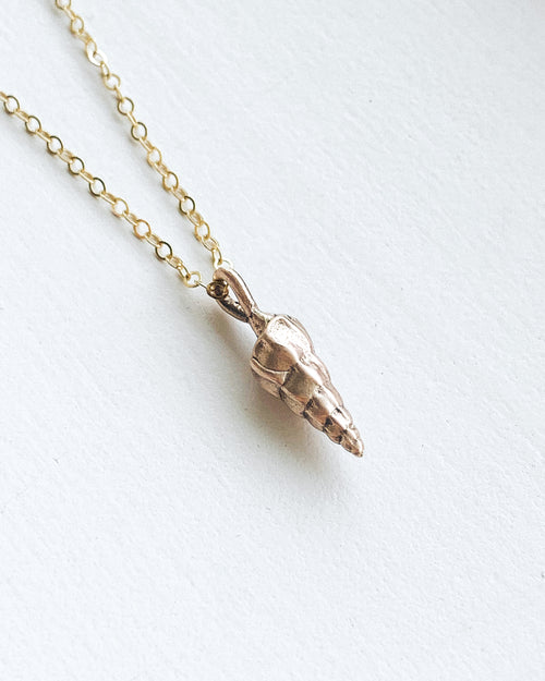 a bronze shell pendant necklace on a gold chain, shown on a white background