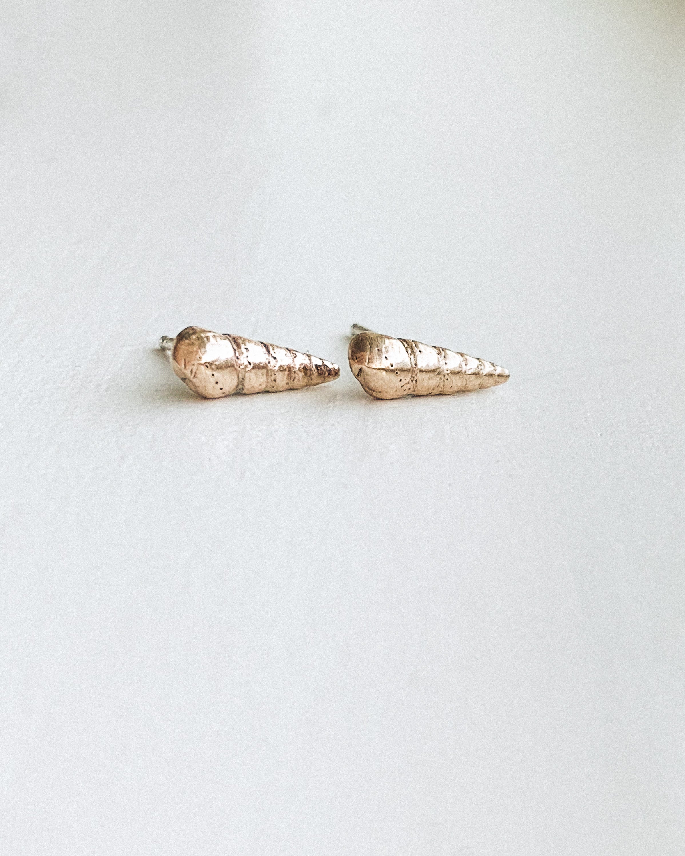 a set of small bronze sea shell stud earrings shown on a white background